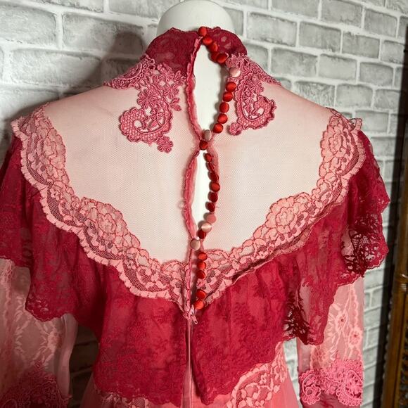 Vintage 70s Alfred Angelo Victorian illusion lace ruffle pink red wedding dress - Picture 8 of 16